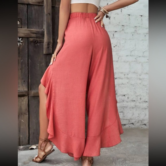 Boho Ruffle Slit Thigh Belted Wide Leg Pants - Picture 2 of 6